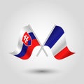 Vector two crossed slovak french flags on silver sticks - symbol of slovakia and france