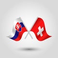 Vector two crossed slovak swiss flags on silver sticks - symbol of slovakia and switzerland