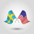 Vector two crossed swedish and american flags on silver sticks