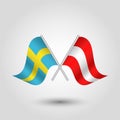 Vector two crossed swedish austrian flags on silver sticks - symbol of sweden and austria