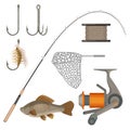 Vector of two hooks, bobbin, landing net, spinning reel, fish-rod