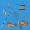 Vector of two hooks, bobbin, landing net, spinning reel, fish-rod