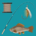 Vector of two hooks, bobbin, landing net, spinning reel, fish-rod