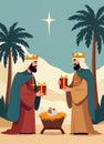 vector of two kings holding and offering presents each other with palm trees in the desert Royalty Free Stock Photo