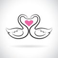 Vector of two loving swans and pink heart on white background. Wild Animals. swans logo or icon. Royalty Free Stock Photo