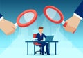 Vector of two managers with magnifying glass watching over at employee working on computer