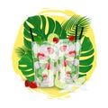Vector of two strawberry Mojito cocktails on palm leaves and sun. Royalty Free Stock Photo