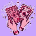 Vector of two women\'s hands holding tarot cards. Fortune teller practicing occult and wiccan ritual spells Royalty Free Stock Photo