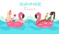 Vector of two women swimming with pink flamingo pool float