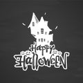 Vector type lettering of Happy Halloween with hand drawn haunted house and pumpkins on chalkboard background Royalty Free Stock Photo