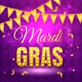 Vector typographical illustration of Mardi Gras beauty purple background with rhombus texture and gold festive flags Royalty Free Stock Photo