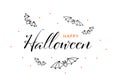 Vector typography happy halloween horizontal banner template. Black font text and cartoon scary flying bat isolated on white