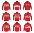 Vector ugly set sweaters for Christmas party. Knitted jumpers with winter patterns