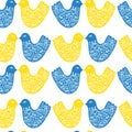 Vector ukrainian seamless pattern with Funny yellow and blue chickens bird on white background. Illustration for design Royalty Free Stock Photo