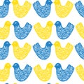 Vector ukrainian seamless pattern with Funny yellow and blue chickens bird on white background. Illustration for design, baby Royalty Free Stock Photo