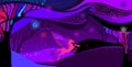 Vector Ultra violet landscape with mythology Pegasus in orange and pink. ÃÂ¡omposition with space cloudy sky, field and trees.