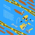 Vector under construction tools isometric icons on blue