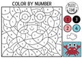 Vector under the sea color by number activity with red crab. Ocean life scene. Black and white counting game with water animal.