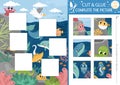 Vector under the sea cut and glue activity. Crafting game with cute water landscape, seagull. Fun ocean life printable worksheet Royalty Free Stock Photo