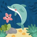 Vector under the sea landscape illustration with dolphin and starfish. Ocean life scene with sand, seaweeds, corals, reefs. Cute