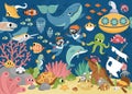 Vector under the sea landscape illustration. Ocean life scene with animals, dolphin, whale, submarine, divers, wrecked ship. Cute