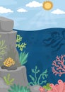 Vector under the sea landscape illustration. Ocean life scene with reef, seaweeds, stones, corals, fish, rocks. Cute vertical Royalty Free Stock Photo