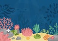 Vector under the sea landscape illustration. Ocean life scene with sand, seaweeds, stones, corals, reefs. Cute horizontal water