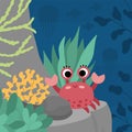 Vector under the sea landscape illustration with red crab on rock. Ocean life scene with reef, seaweeds, stones, corals, fish. Royalty Free Stock Photo