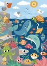 Vector under the sea landscape illustration with rock slope. Ocean life scene with animals, dolphin, whale, shark, seagull, Royalty Free Stock Photo