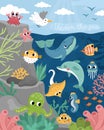 Vector under the sea landscape illustration with rock slope. Ocean life scene with animals, dolphin, whale, shark, seagull, sun. Royalty Free Stock Photo