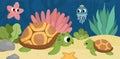 Vector under the sea landscape illustration with tortoise and baby. Ocean life scene with sand, seaweeds, corals, reefs. Cute