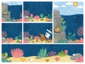 Vector under the sea landscapes set. Ocean life scenes collection with sand, seaweeds, stones, corals, reefs. Cute horizontal,