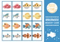 Vector under the sea memory game cards with cute fishes. Ocean life matching activity. Remember and find correct card. Simple