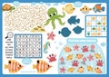 Vector under the sea placemat for children. Ocean life printable activity mat with maze, word search puzzle, shadow match, find