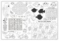 Vector under the sea placemat. Ocean life line printable activity mat with maze, word search puzzle, shadow match, find difference