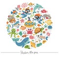 Vector under the sea round frame with divers, submarine, animals, weeds. Ocean card template design for banners, invitations. Cute