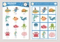 Vector under the sea scavenger hunt cards set. Seek and find game with cute submarine, diver, dolphin, whale for kids. Ocean life