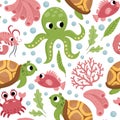 Vector under the sea seamless pattern. Repeat background with tortoise, octopus, corals, crab. Ocean life digital paper. Funny