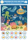 Vector under the sea searching game with sea landscape, submarine, diver. Spot hidden objects in the picture. Simple ocean life