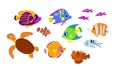 Vector under the sea set. Ocean collection with seaweeds, fish, divers, submarine. Cartoon water animals and weeds for