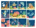 Vector under the sea square landscapes set. Ocean life scenes collection with seaweeds, corals, reefs. Cute water nature Royalty Free Stock Photo