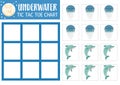 Vector under the sea tic tac toe chart with dolphin and jellyfish. Ocean life board game playing field with cute characters. Funny Royalty Free Stock Photo