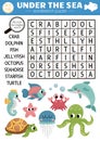 Vector under the sea word search puzzle for kids. Simple easy ocean life word search quiz for children. Water animals and fish