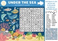 Vector under the sea word search puzzle for kids. Simple ocean life word search quiz for children. Water animals and fish