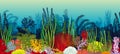 Vector underwater coral reef horizontal seamless pattern. Undersea bottom texture.