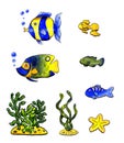 Vector underwater set, including fish with bubbles, algae and starfish. Watercolor hand-drawn illustration isolated on Royalty Free Stock Photo