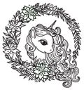 Vector unicorn cartoon in floral frame. Royalty Free Stock Photo