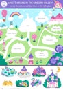 Vector unicorn cut and glue activity. Crafting game with cute magic village landscape map. Fairytale printable worksheet for