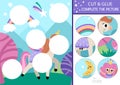 Vector unicorn cut and glue activity. Fairytale crafting game with cute fairy, magic forest landscape. Fill up the scene with Royalty Free Stock Photo