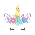 Vector unicorn face with closed eyes and flowers. Gold glitter horn Royalty Free Stock Photo